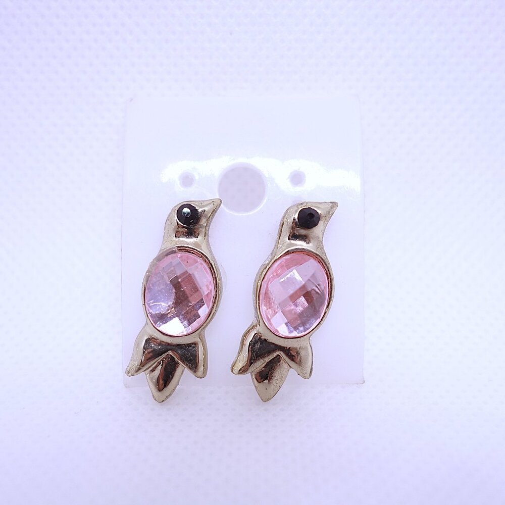 💎7/25💎 NOS Vintage Retro Bird Themed Black Pink Crystal Pierced Stud Earrings